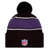 Men's Baltimore Ravens New Era Black 2024 Sideline Cuffed Knit Hat with Pom