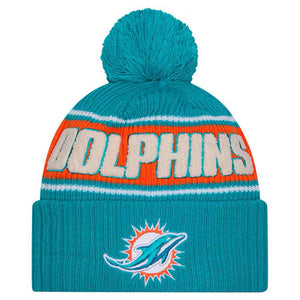 Men's Miami Dolphins New Era Aqua 2024 Sideline Cuffed Knit Hat with Pom