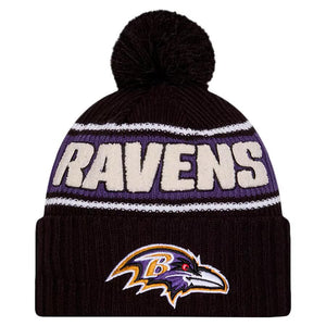 Men's Baltimore Ravens New Era Black 2024 Sideline Cuffed Knit Hat with Pom