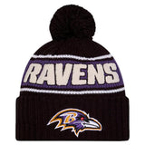 Men's Baltimore Ravens New Era Black 2024 Sideline Cuffed Knit Hat with Pom